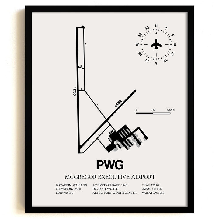 Framed Detailed Airport Map of McGregor Executive Airport (PWG) in White with a Black Frame