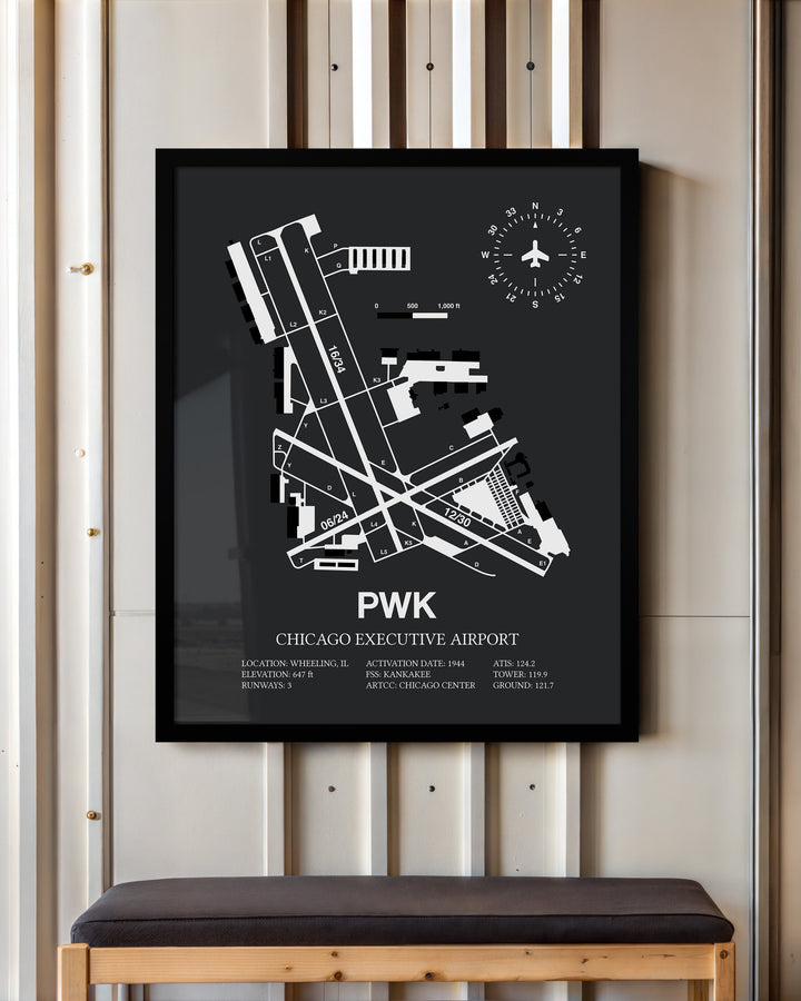 Framed Detailed Airport Map of Chicago Executive Airport (PWK) in Gray with a Black Frame