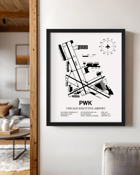 Framed Detailed Airport Map of Chicago Executive Airport (PWK) in White with a Black Frame