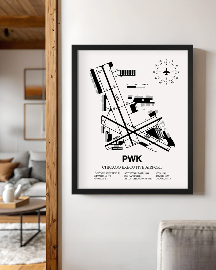 Framed Detailed Airport Map of Chicago Executive Airport (PWK) in White with a Black Frame