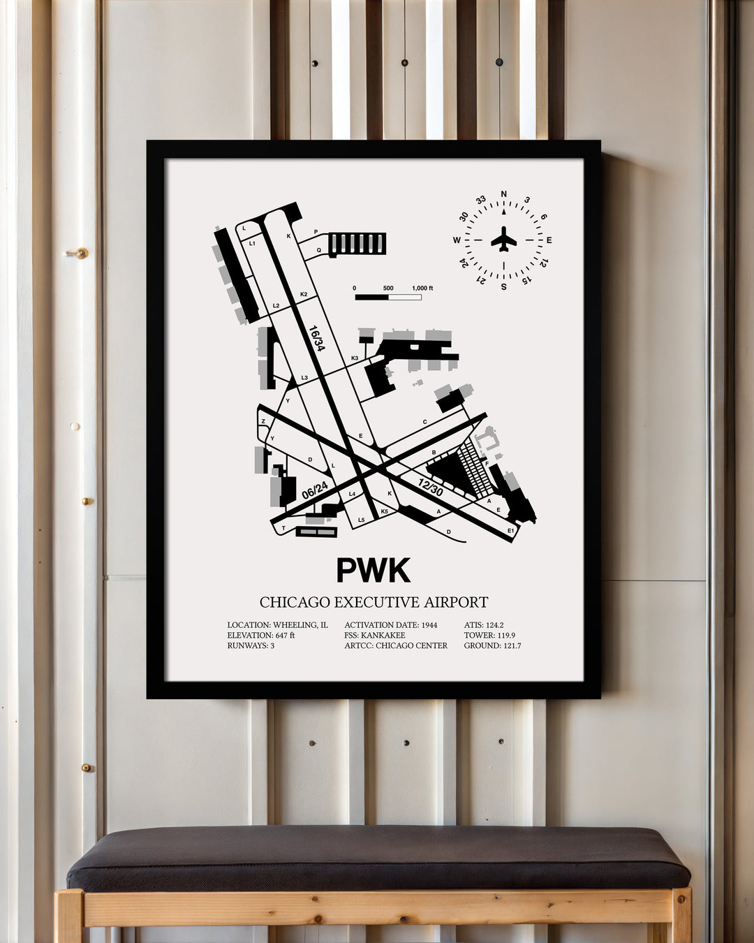 Framed Detailed Airport Map of Chicago Executive Airport (PWK) in White with a Black Frame