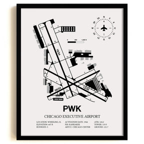 Framed Detailed Airport Map of Chicago Executive Airport (PWK) in White with a Black Frame