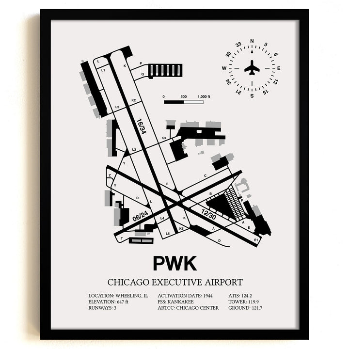Framed Detailed Airport Map of Chicago Executive Airport (PWK) in White with a Black Frame