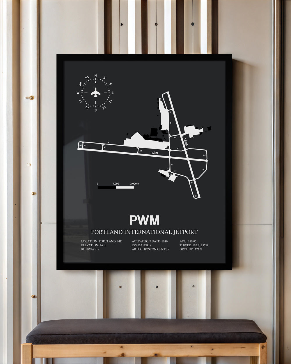 Framed Detailed Airport Map of Portland International Jetport (PWM) in Gray with a Black Frame