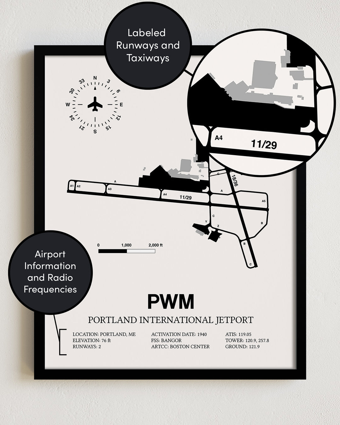 Framed Detailed Airport Map of Portland International Jetport (PWM) in White with a Black Frame