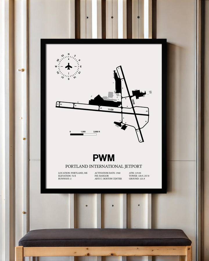 Framed Detailed Airport Map of Portland International Jetport (PWM) in White with a Black Frame