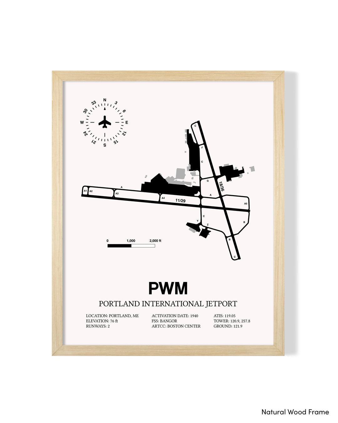 Detailed Airport Map of Portland International Jetport (PWM) in White with a Natural Frame