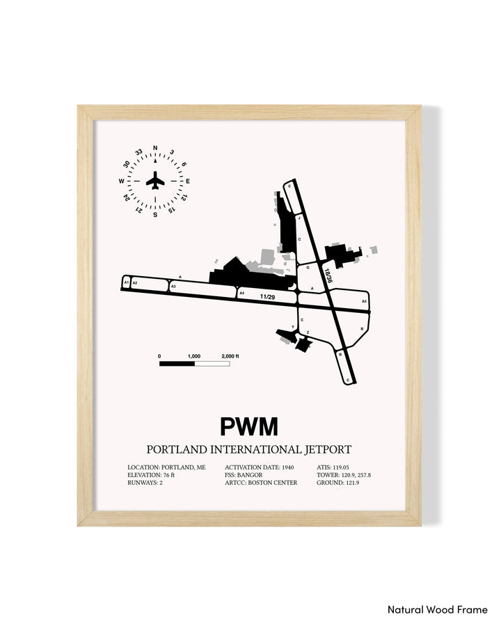 Detailed Airport Map of Portland International Jetport (PWM) in White with a Natural Frame