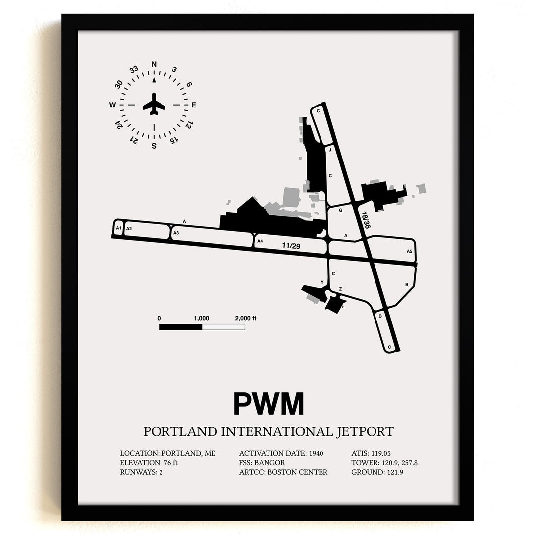 Framed Detailed Airport Map of Portland International Jetport (PWM) in White with a Black Frame