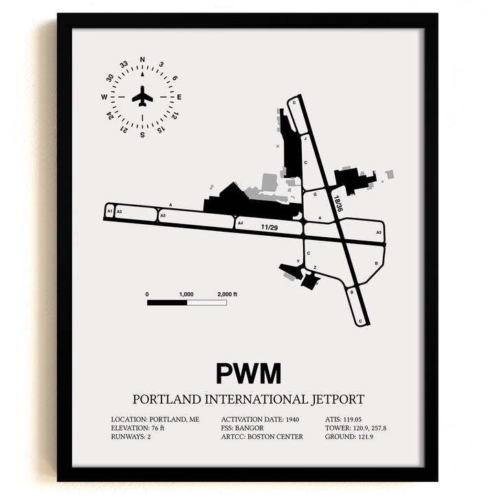 Framed Detailed Airport Map of Portland International Jetport (PWM) in White with a Black Frame