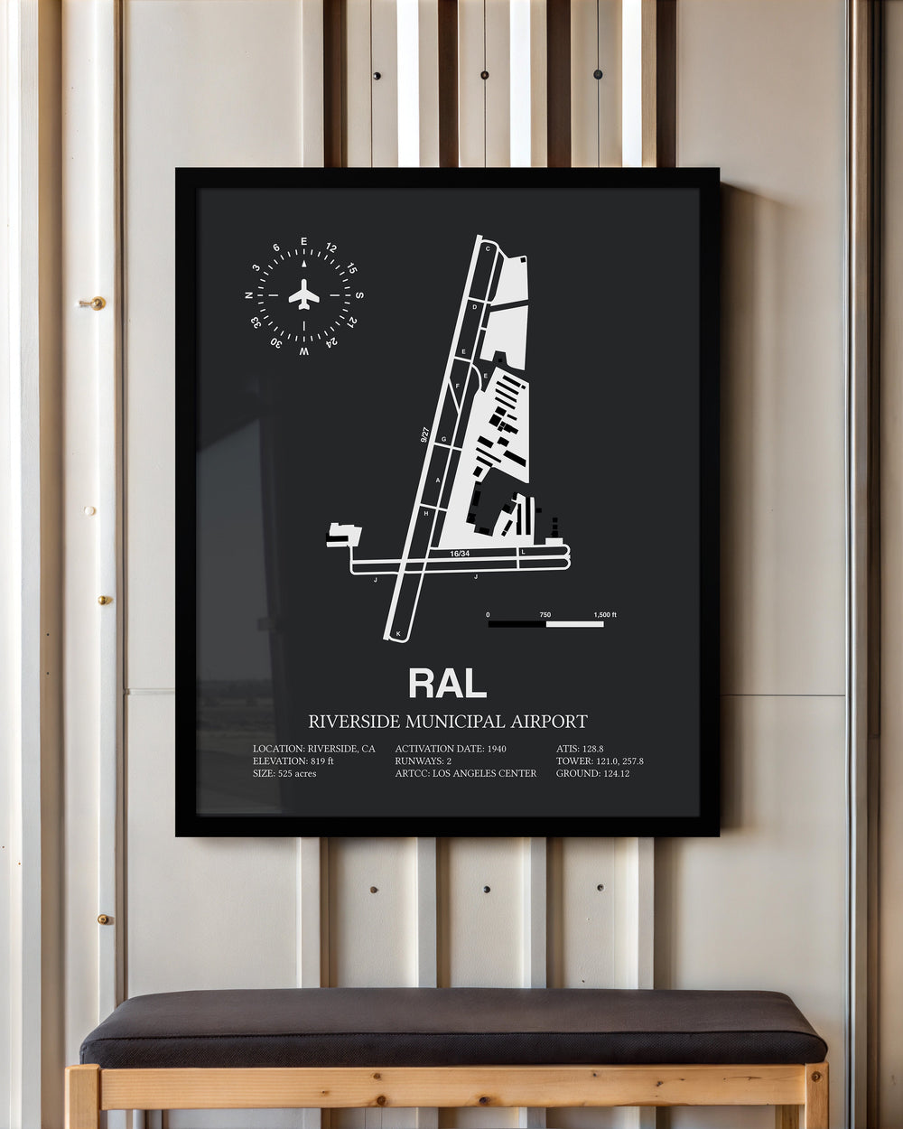 Framed Detailed Airport Map of Riverside Municipal Airport (RAL) in Gray with a Black Frame