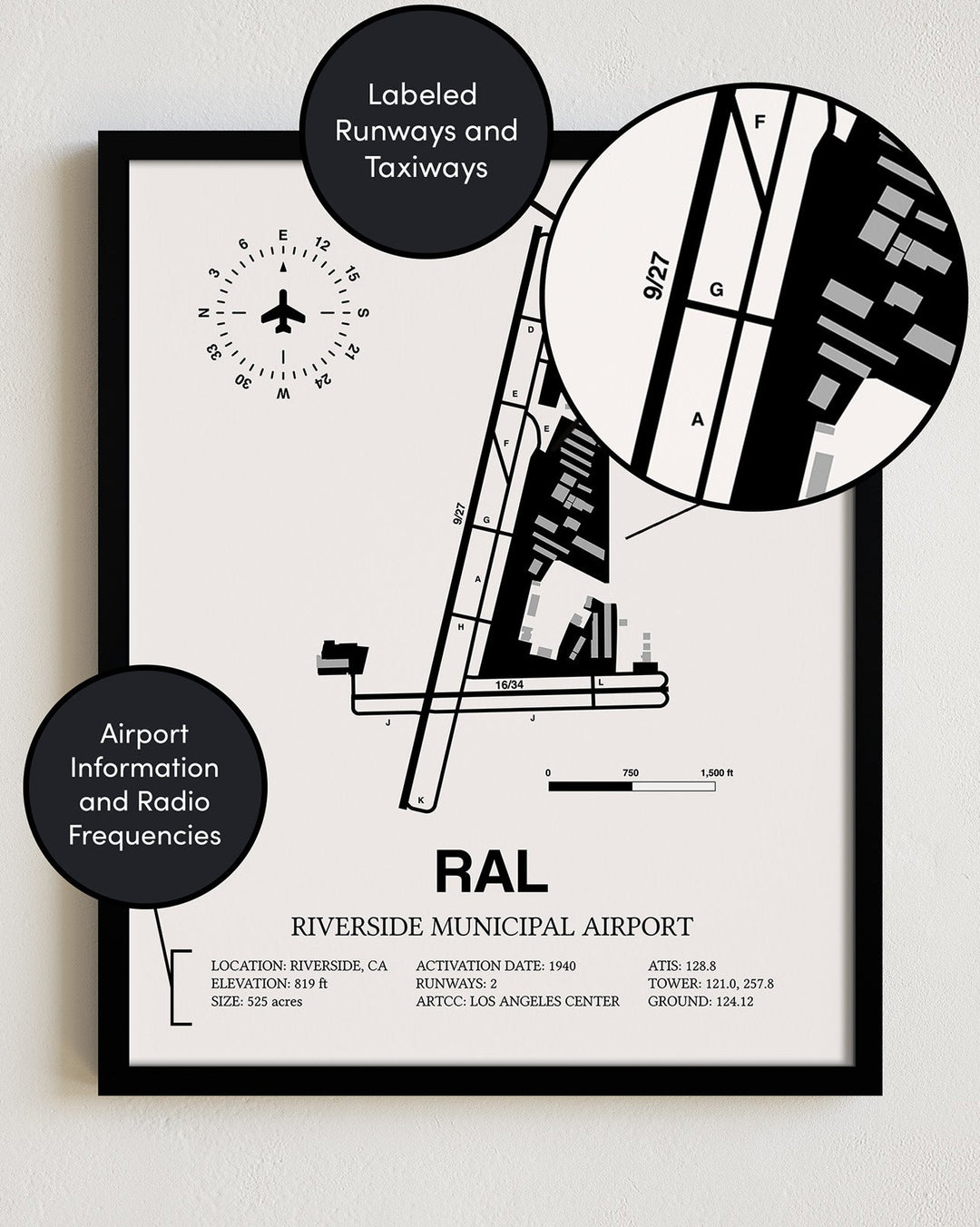 Framed Detailed Airport Map of Riverside Municipal Airport (RAL) in White with a Black Frame