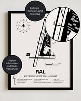 Framed Detailed Airport Map of Riverside Municipal Airport (RAL) in White with a Black Frame