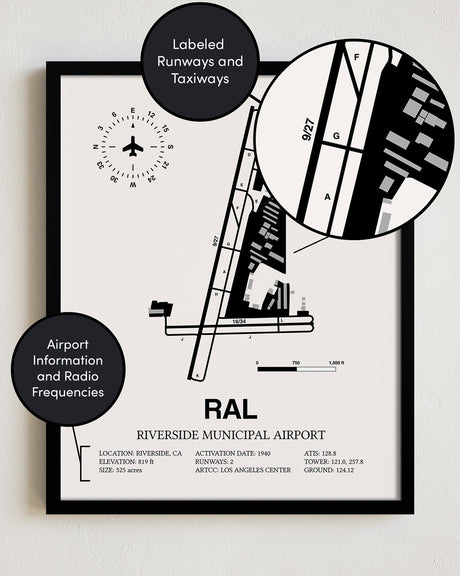 Framed Detailed Airport Map of Riverside Municipal Airport (RAL) in White with a Black Frame