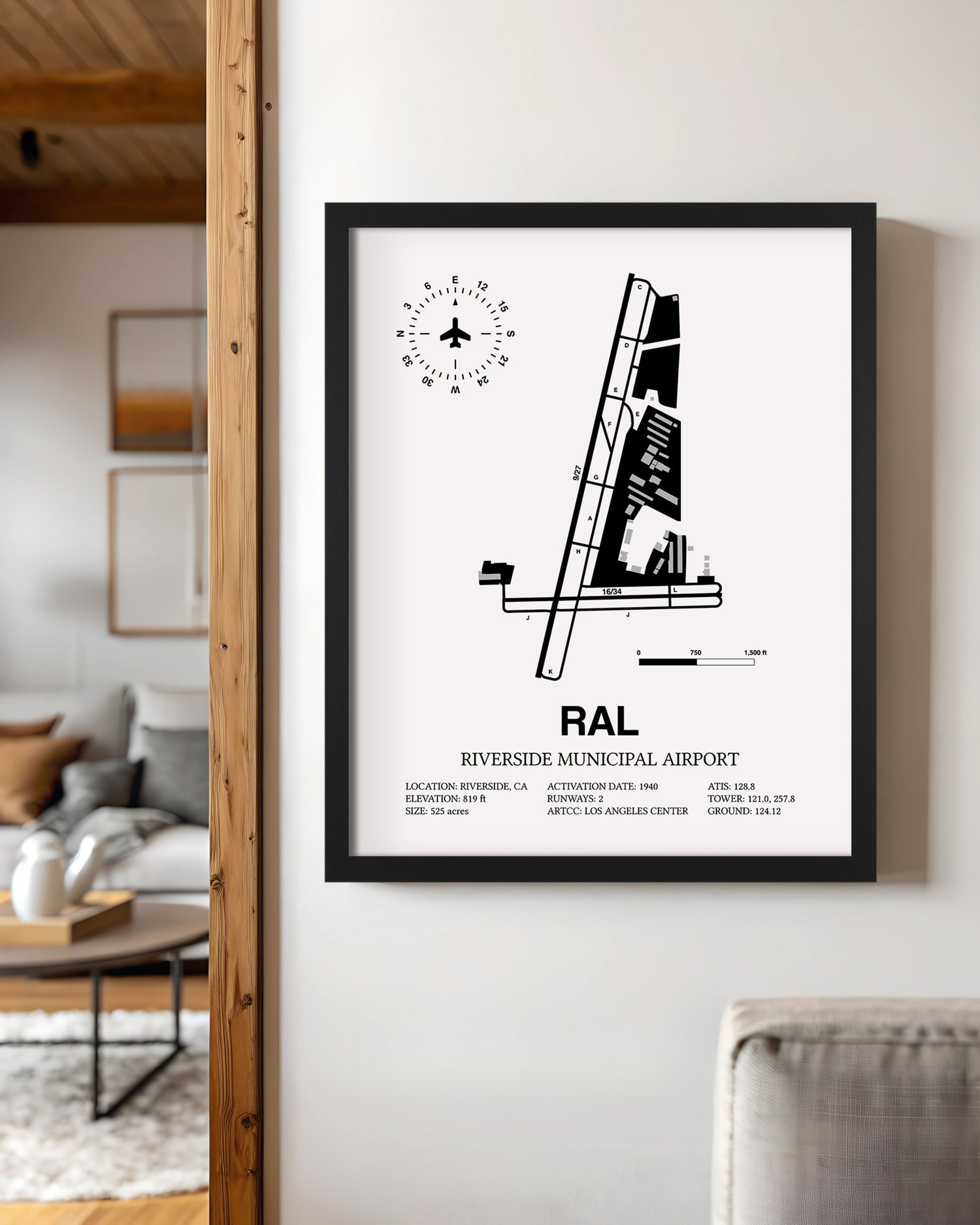 Framed Detailed Airport Map of Riverside Municipal Airport (RAL) in White with a Black Frame