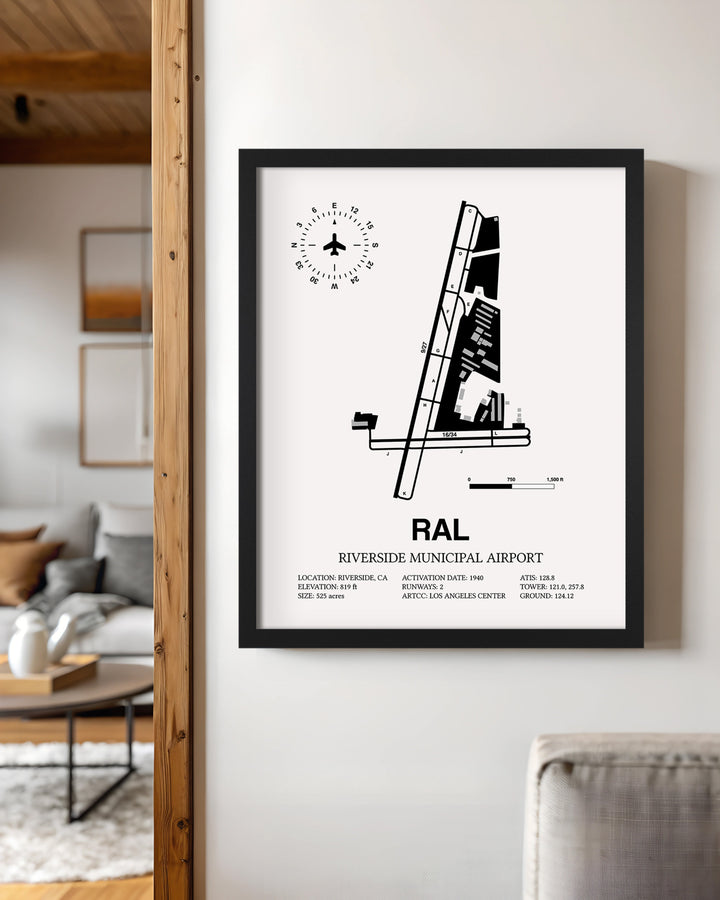 Framed Detailed Airport Map of Riverside Municipal Airport (RAL) in White with a Black Frame