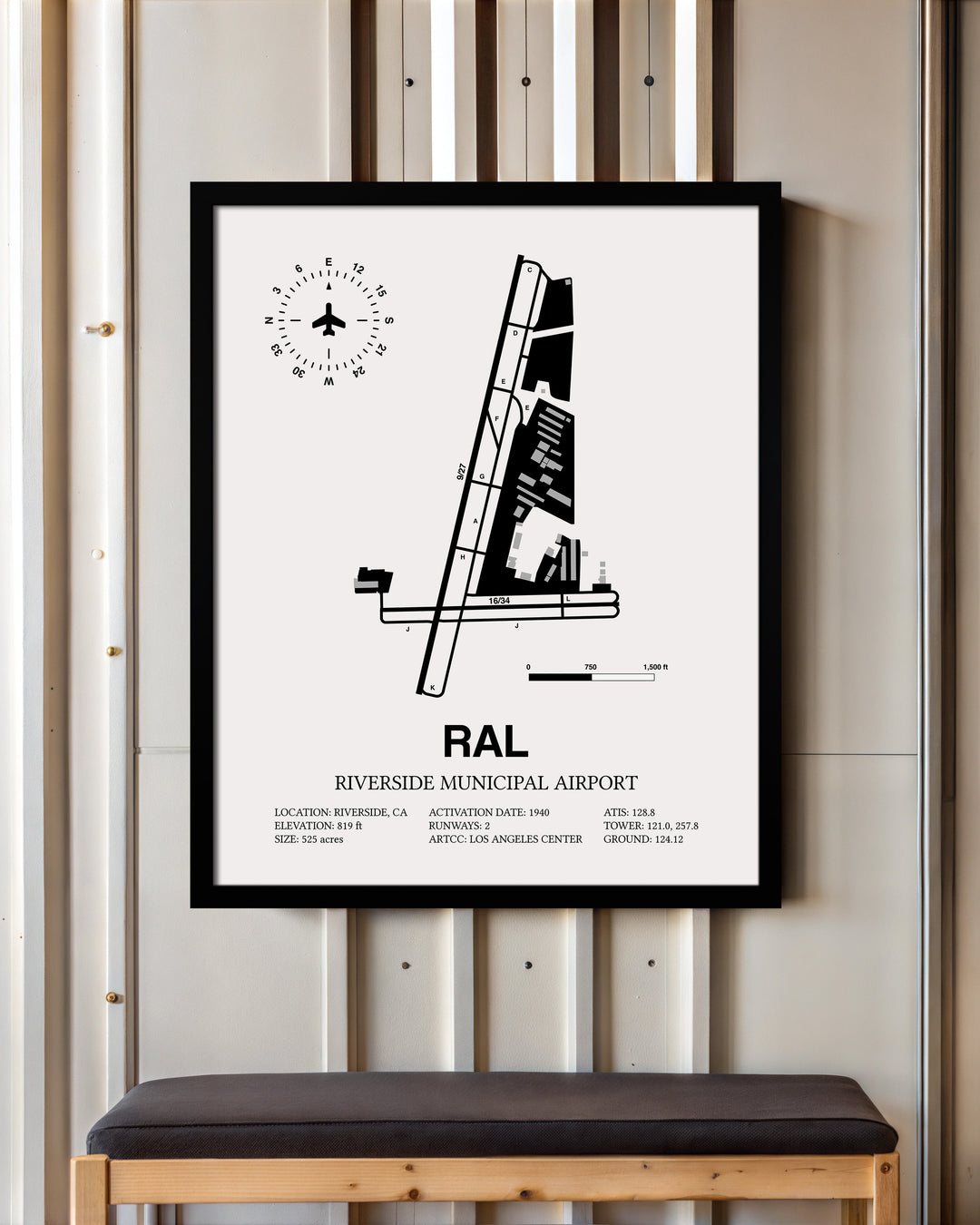 Framed Detailed Airport Map of Riverside Municipal Airport (RAL) in White with a Black Frame