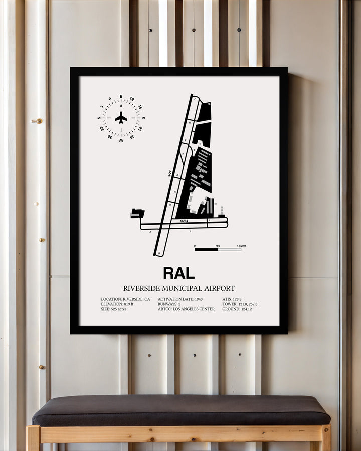 Framed Detailed Airport Map of Riverside Municipal Airport (RAL) in White with a Black Frame