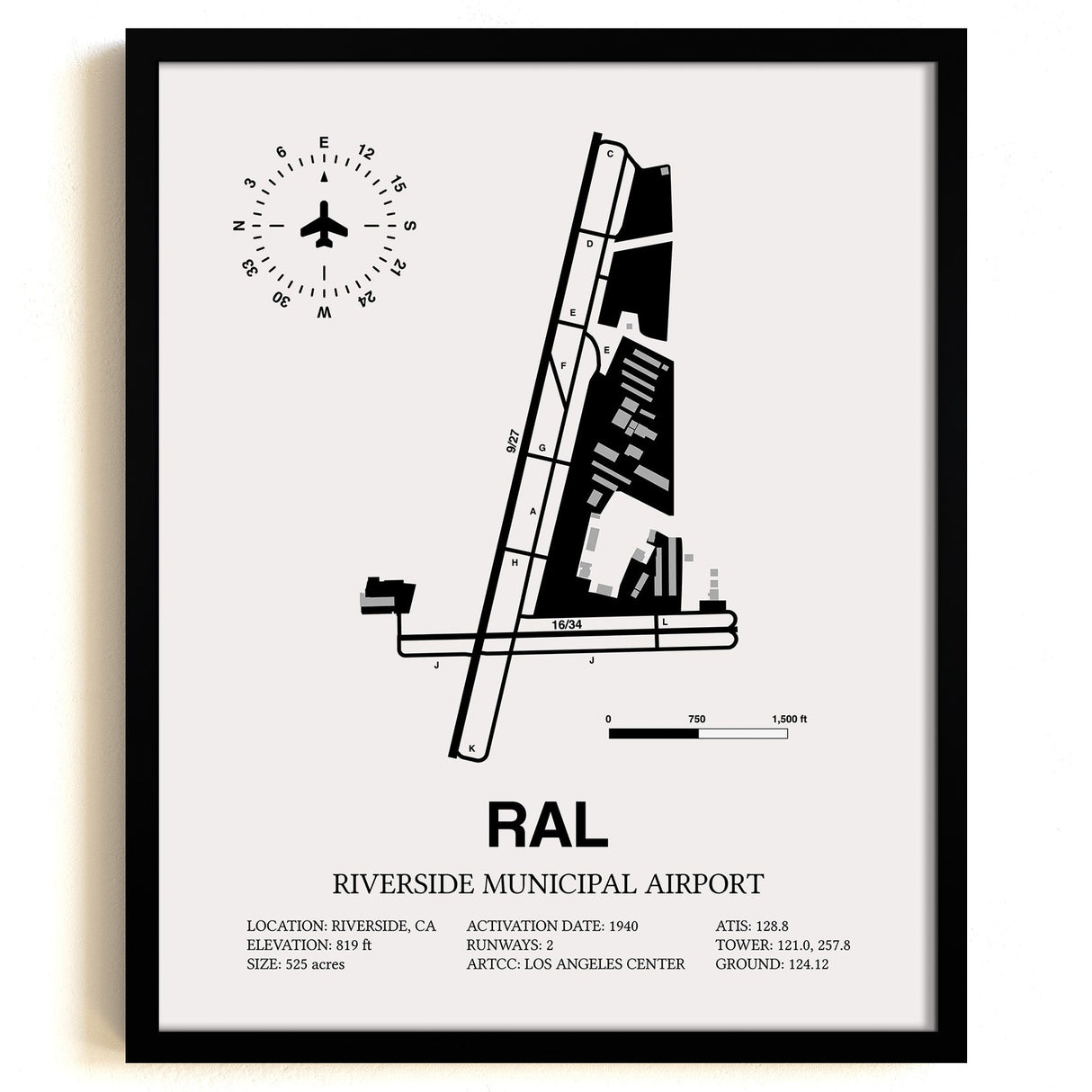 Framed Detailed Airport Map of Riverside Municipal Airport (RAL) in White with a Black Frame