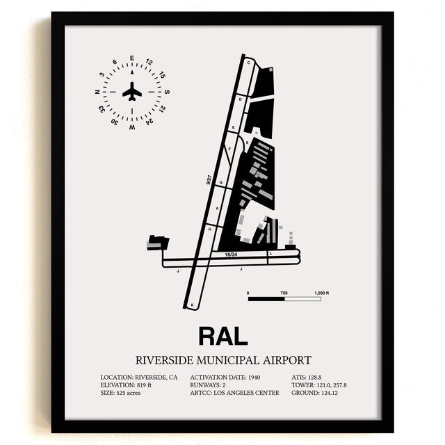 Framed Detailed Airport Map of Riverside Municipal Airport (RAL) in White with a Black Frame