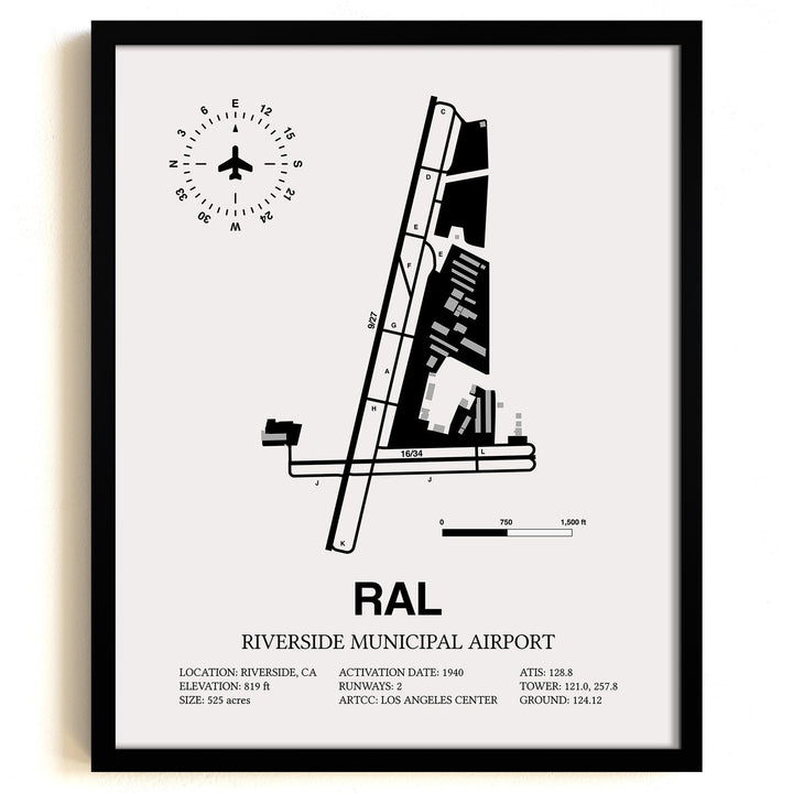Framed Detailed Airport Map of Riverside Municipal Airport (RAL) in White with a Black Frame
