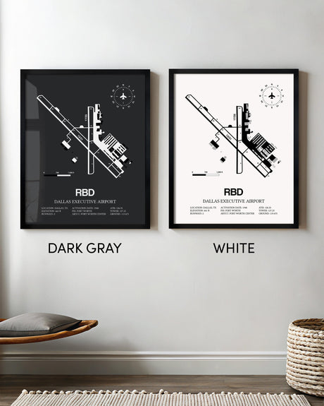 Framed Detailed Airport Map of Dallas Executive Airport (RBD) in White and Gray