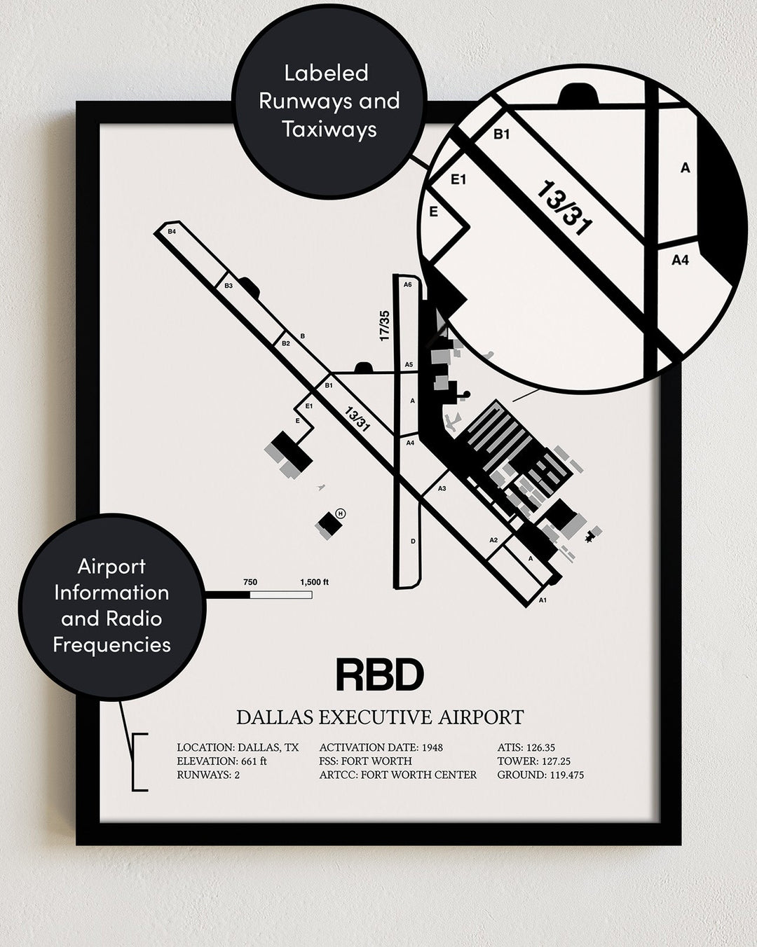 Framed Detailed Airport Map of Dallas Executive Airport (RBD) in White with a Black Frame