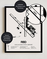Framed Detailed Airport Map of Dallas Executive Airport (RBD) in White with a Black Frame