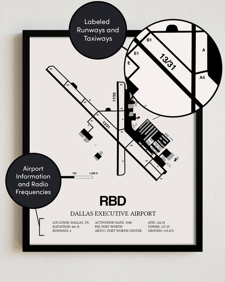 Framed Detailed Airport Map of Dallas Executive Airport (RBD) in White with a Black Frame