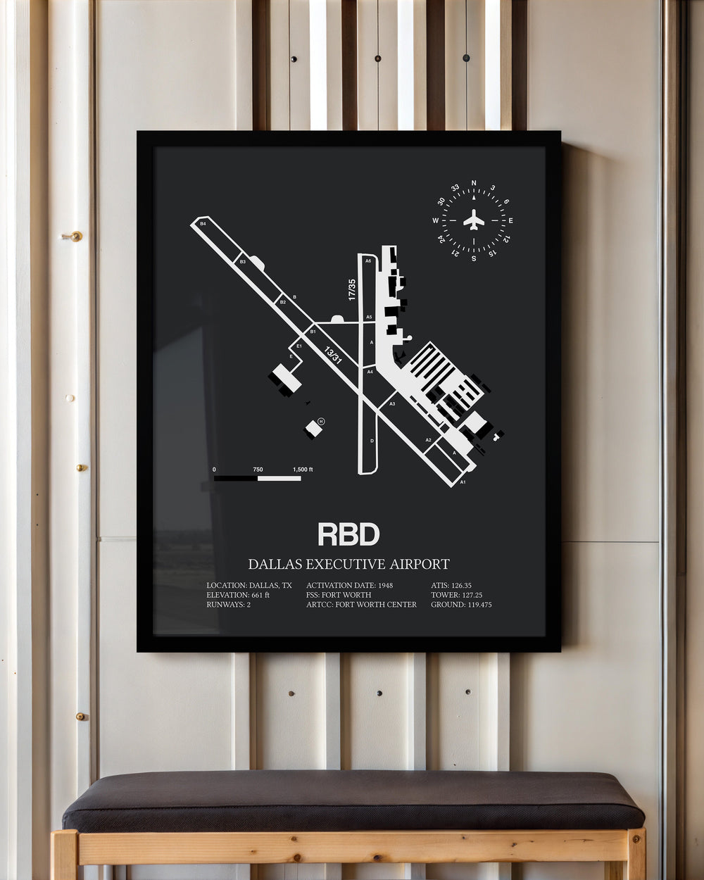 Framed Detailed Airport Map of Dallas Executive Airport (RBD) in Gray with a Black Frame