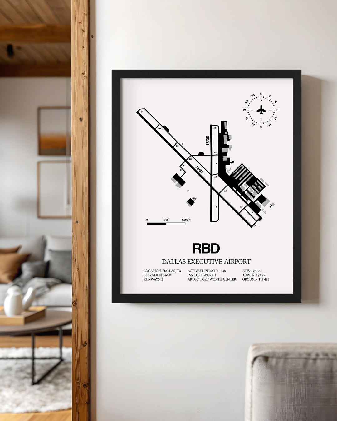 Framed Detailed Airport Map of Dallas Executive Airport (RBD) in White with a Black Frame
