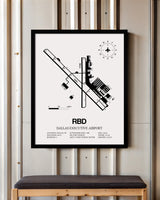 Framed Detailed Airport Map of Dallas Executive Airport (RBD) in White with a Black Frame