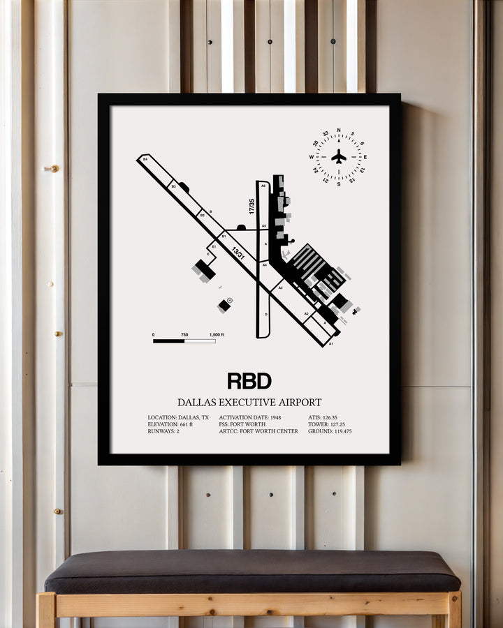 Framed Detailed Airport Map of Dallas Executive Airport (RBD) in White with a Black Frame