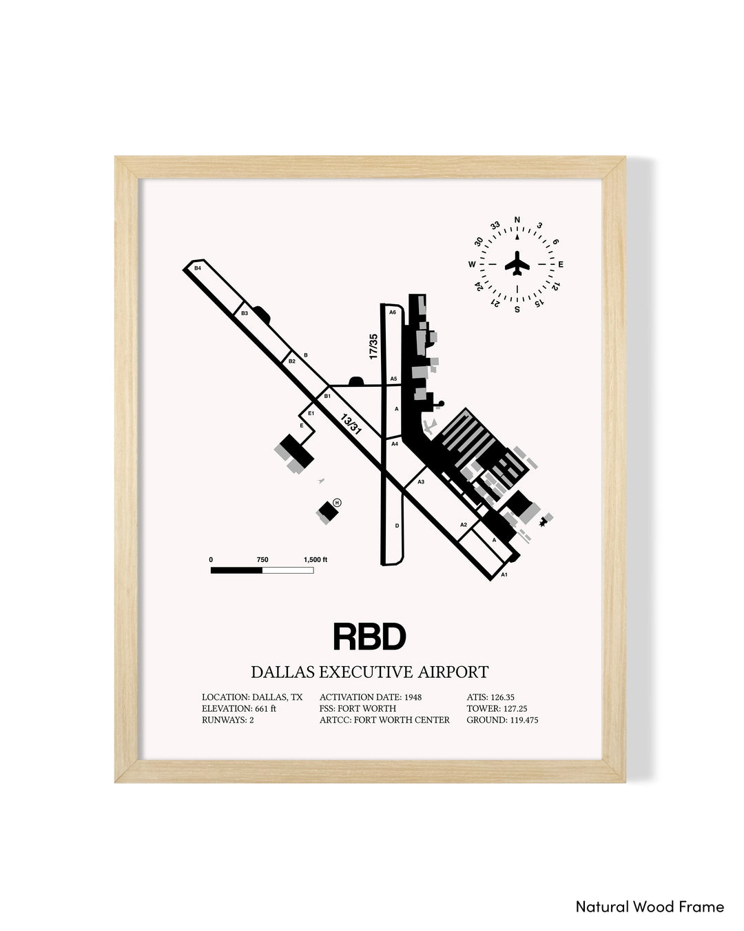 Detailed Airport Map of Dallas Executive Airport (RBD) in White with a Natural Frame