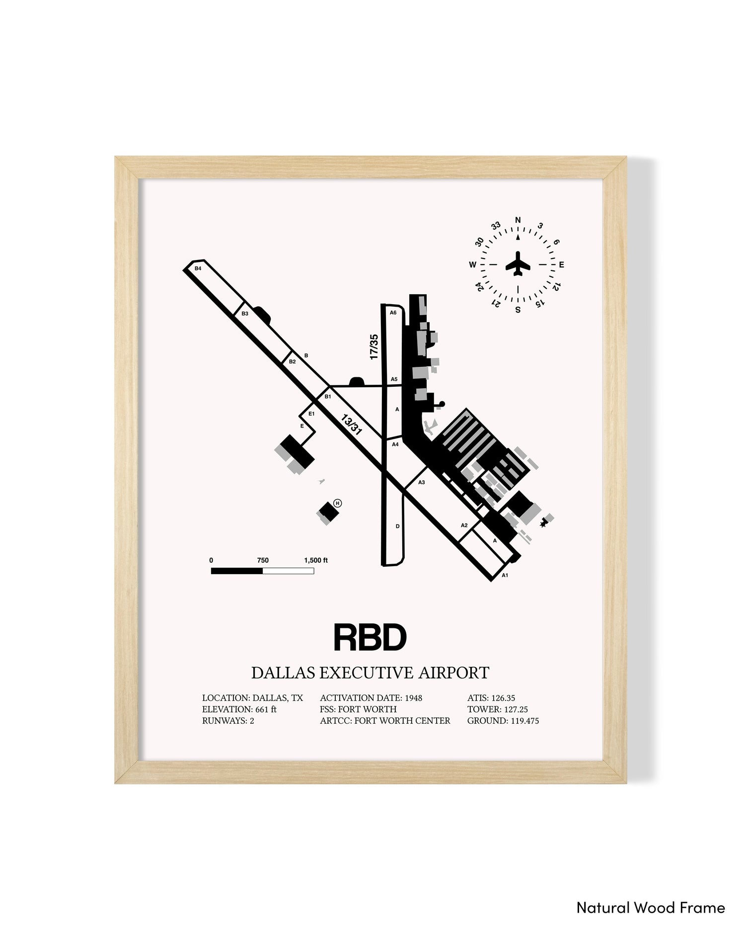 Detailed Airport Map of Dallas Executive Airport (RBD) in White with a Natural Frame