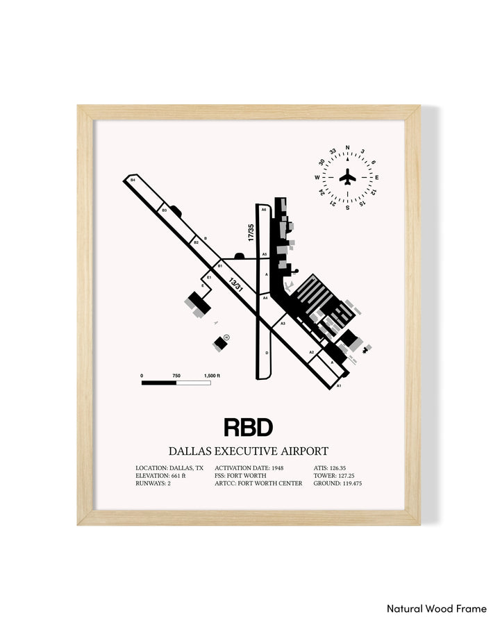 Detailed Airport Map of Dallas Executive Airport (RBD) in White with a Natural Frame