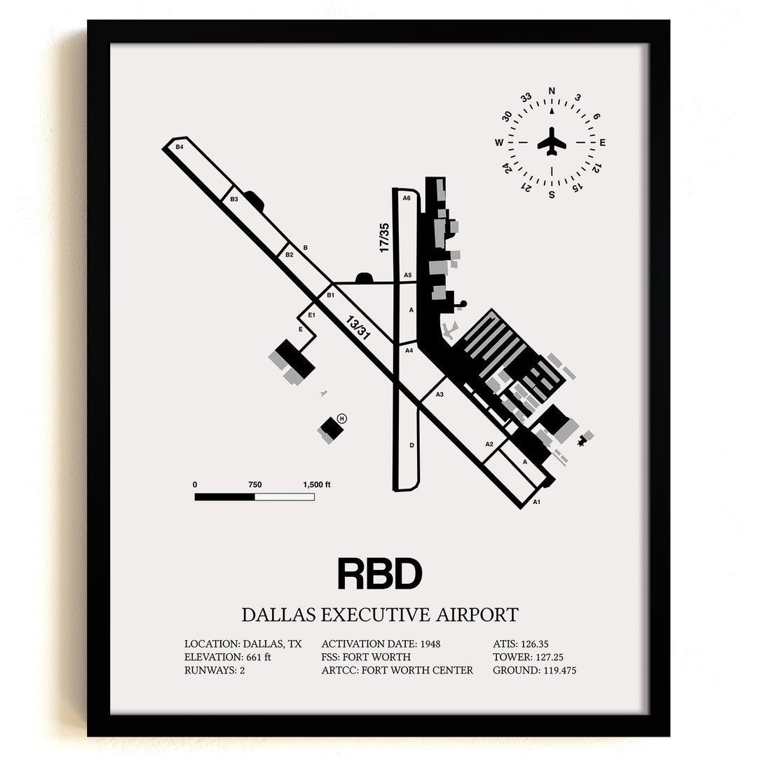 Framed Detailed Airport Map of Dallas Executive Airport (RBD) in White with a Black Frame
