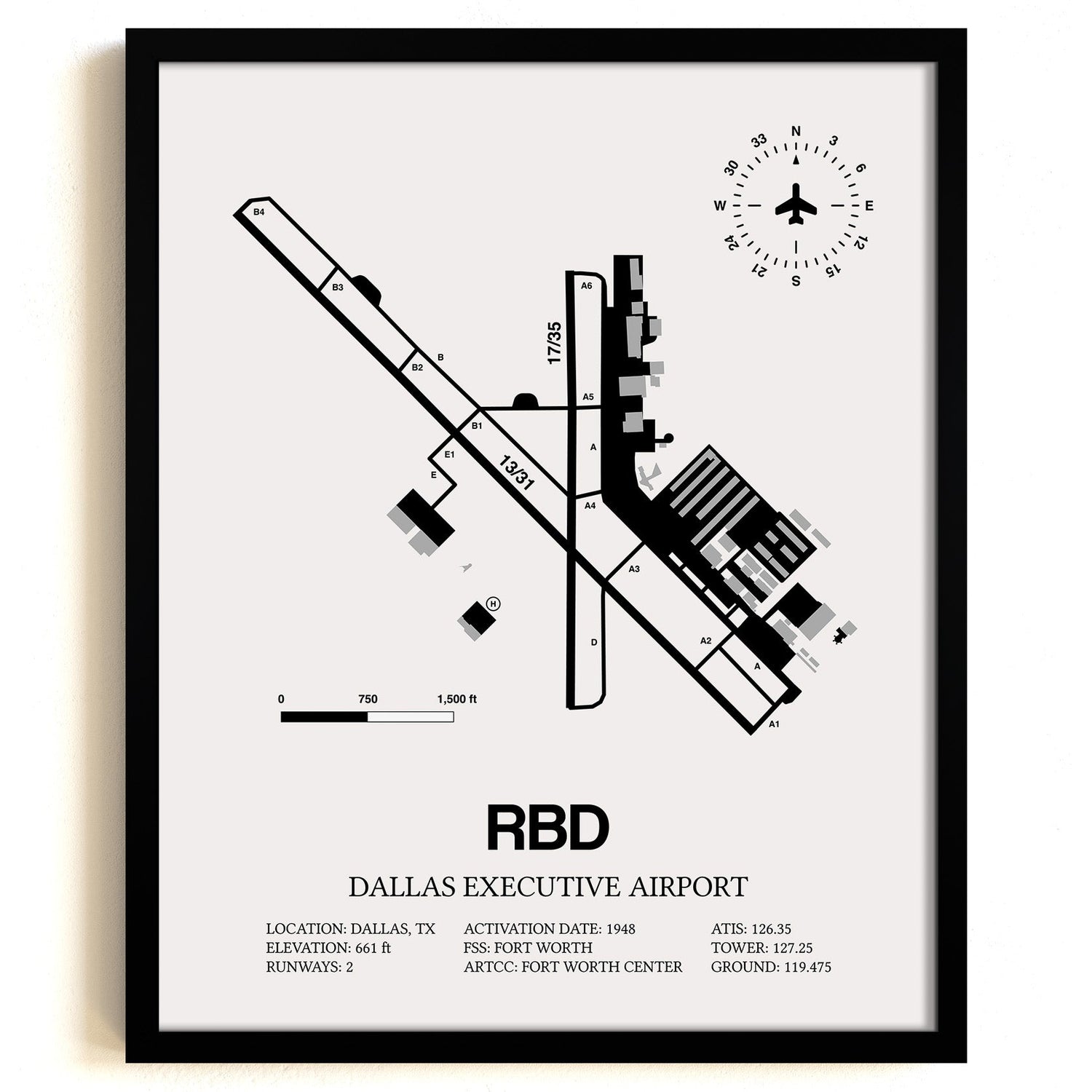 Framed Detailed Airport Map of Dallas Executive Airport (RBD) in White with a Black Frame