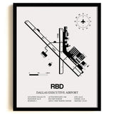 Framed Detailed Airport Map of Dallas Executive Airport (RBD) in White with a Black Frame