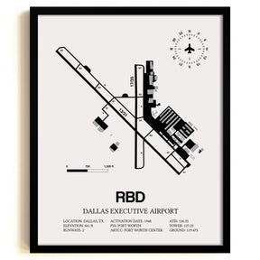Framed Detailed Airport Map of Dallas Executive Airport (RBD) in White with a Black Frame