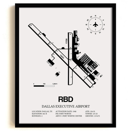 Framed Detailed Airport Map of Dallas Executive Airport (RBD) in White with a Black Frame