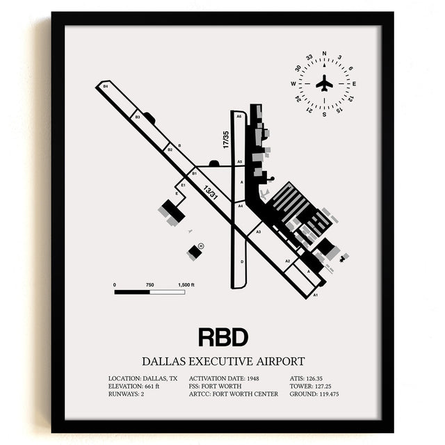 Framed Detailed Airport Map of Dallas Executive Airport (RBD) in White with a Black Frame