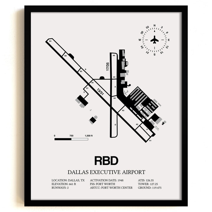 Framed Detailed Airport Map of Dallas Executive Airport (RBD) in White with a Black Frame