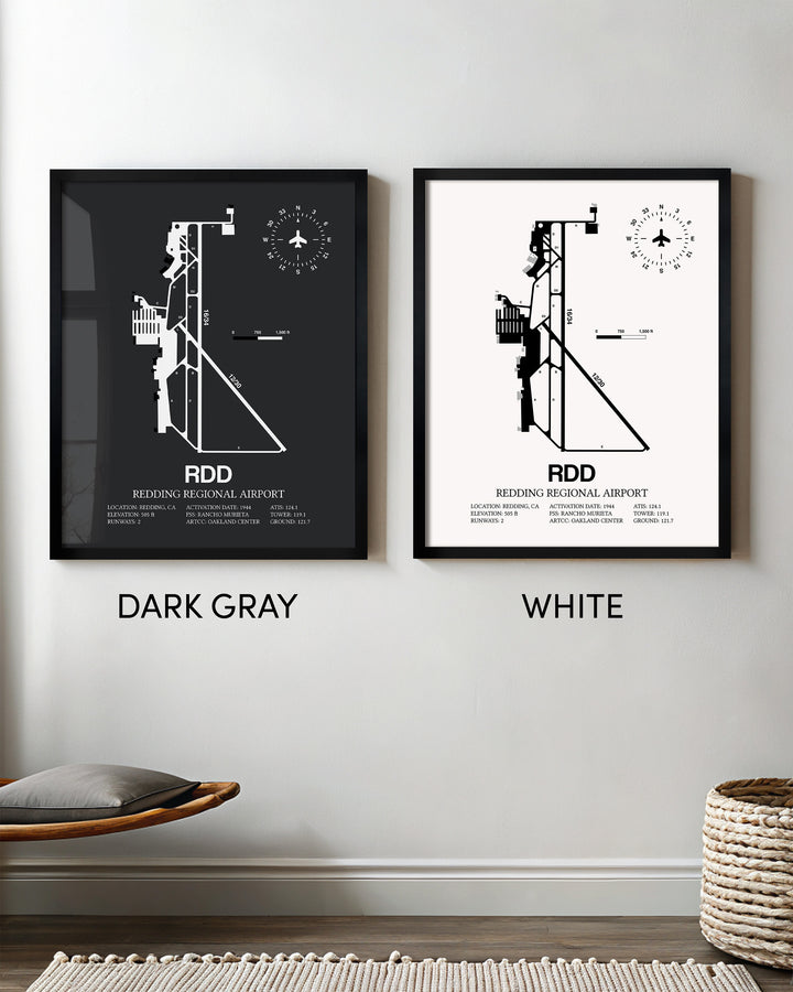 Framed Detailed Airport Map of Redding Regional Airport (RDD) in White and Gray
