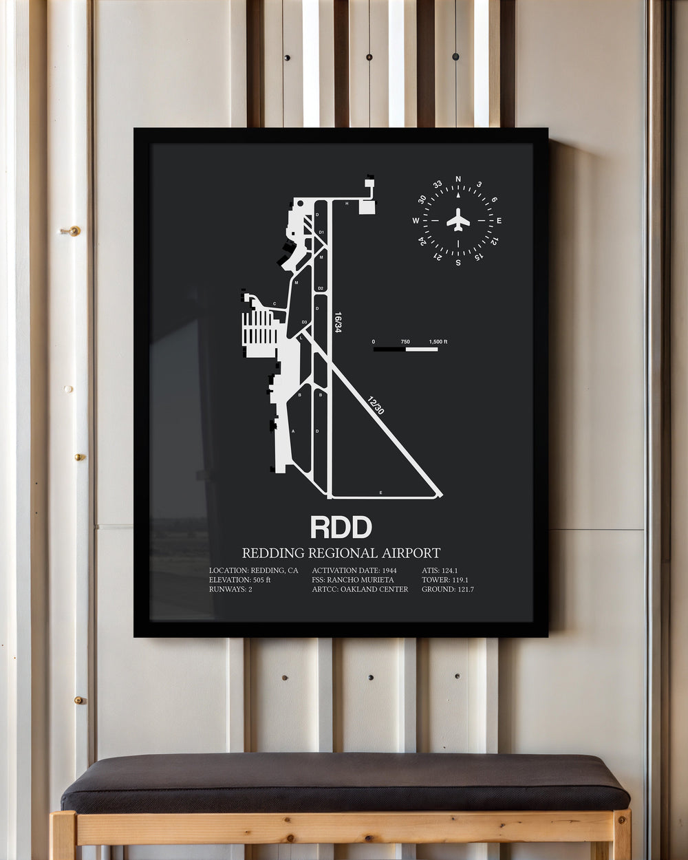 Framed Detailed Airport Map of Redding Regional Airport (RDD) in Gray with a Black Frame