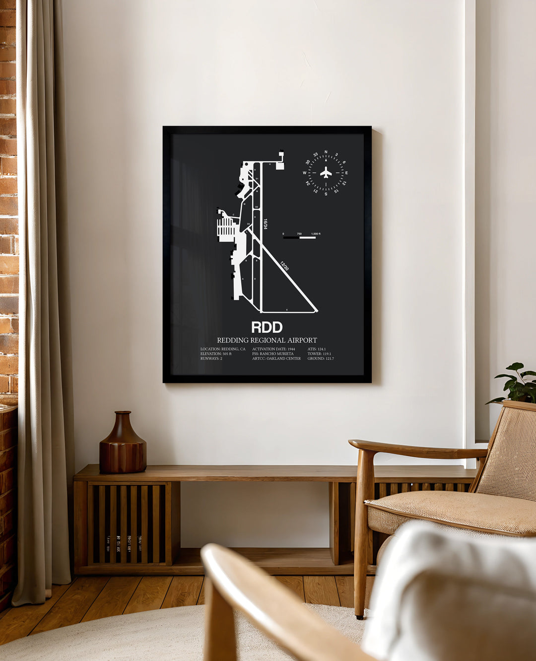 Framed Detailed Airport Map of Redding Regional Airport (RDD) in Gray with a Black Frame
