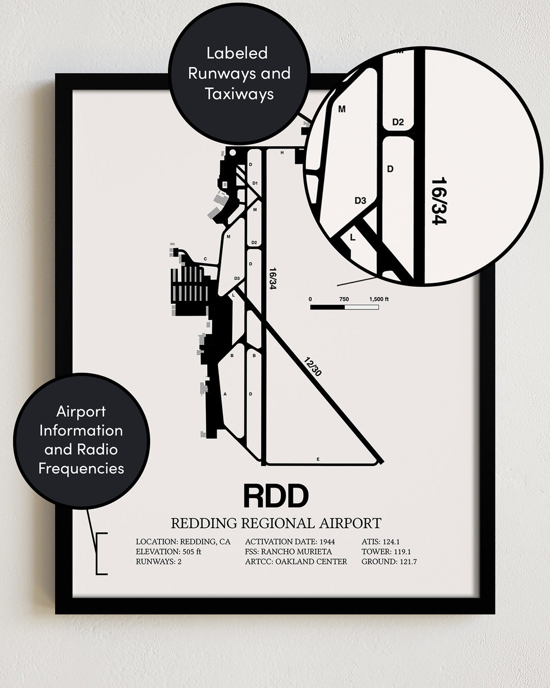 Framed Detailed Airport Map of Redding Regional Airport (RDD) in White with a Black Frame