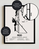 Framed Detailed Airport Map of Redding Regional Airport (RDD) in White with a Black Frame