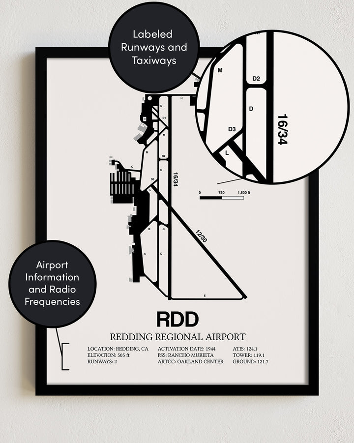Framed Detailed Airport Map of Redding Regional Airport (RDD) in White with a Black Frame