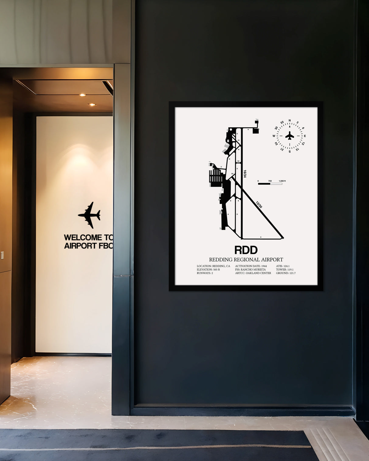 Framed Detailed Airport Map of Redding Regional Airport (RDD) in White with a Black Frame